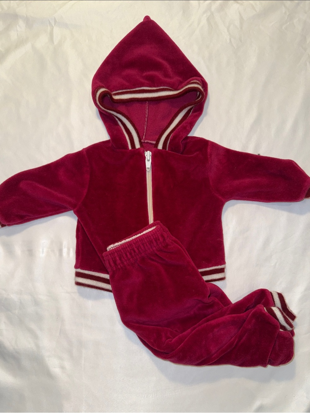 Vintage Carter's Velour 2 Piece Hooded Sweatsuit Maroon Stripe Cuff Baby Small
